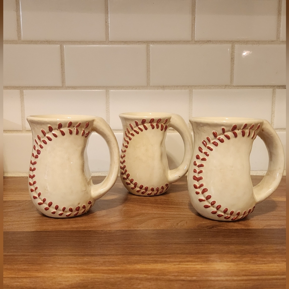 Pottery Glazed Embossed Baseball Stitch DEI Sports Novelty Mugs- Set of 3